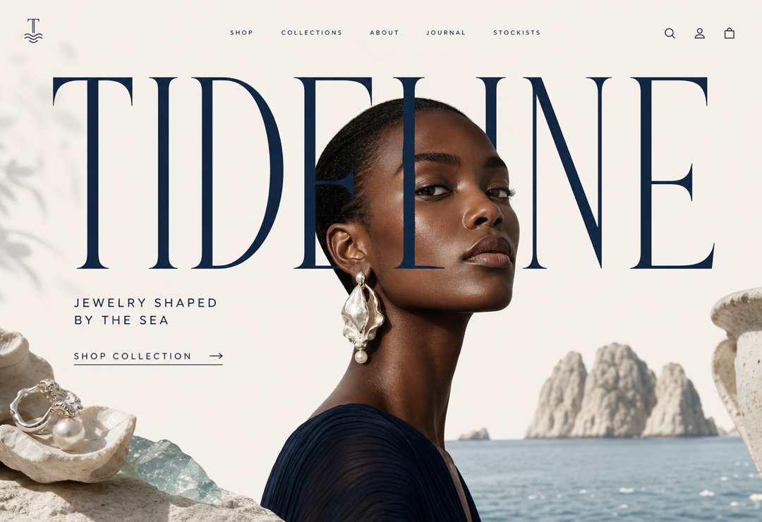 Editorial homepage introducing Tideline through oversized typography, coastal imagery, and sculptural jewelry.