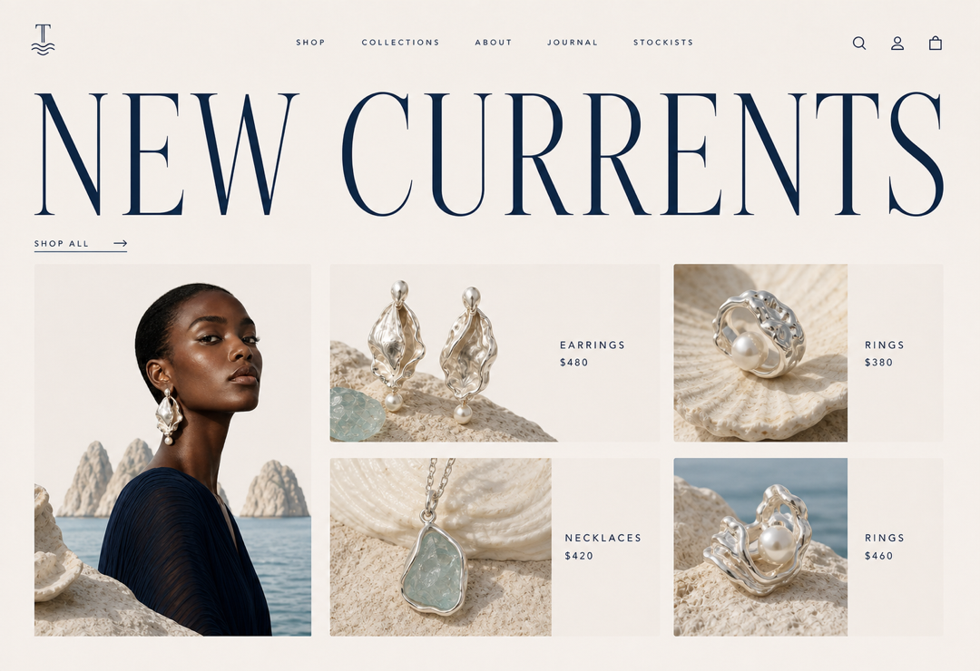 New arrivals page pairing an asymmetric product grid with refined photography and simple shopping details.