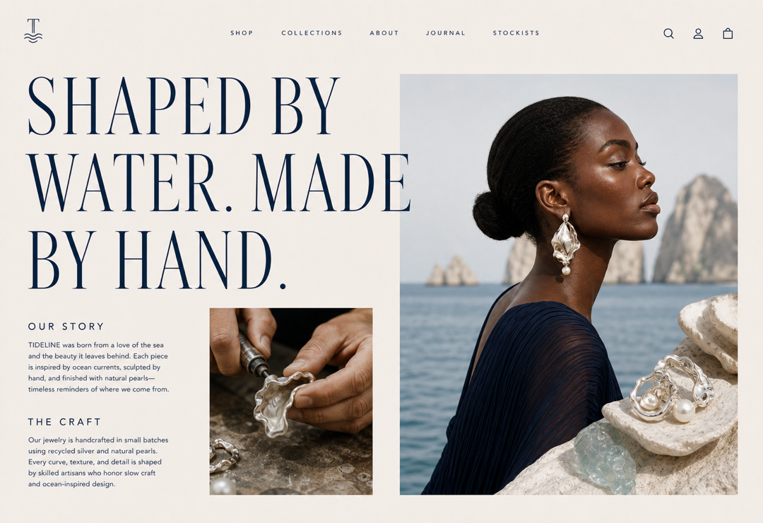 Brand story page connecting the jewelry to the sea, natural materials, and small-batch craftsmanship.