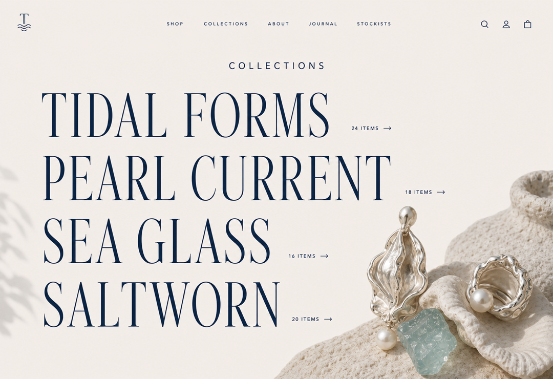 Typography-led collection index offering clear paths into each distinctive coastal-inspired jewelry line.