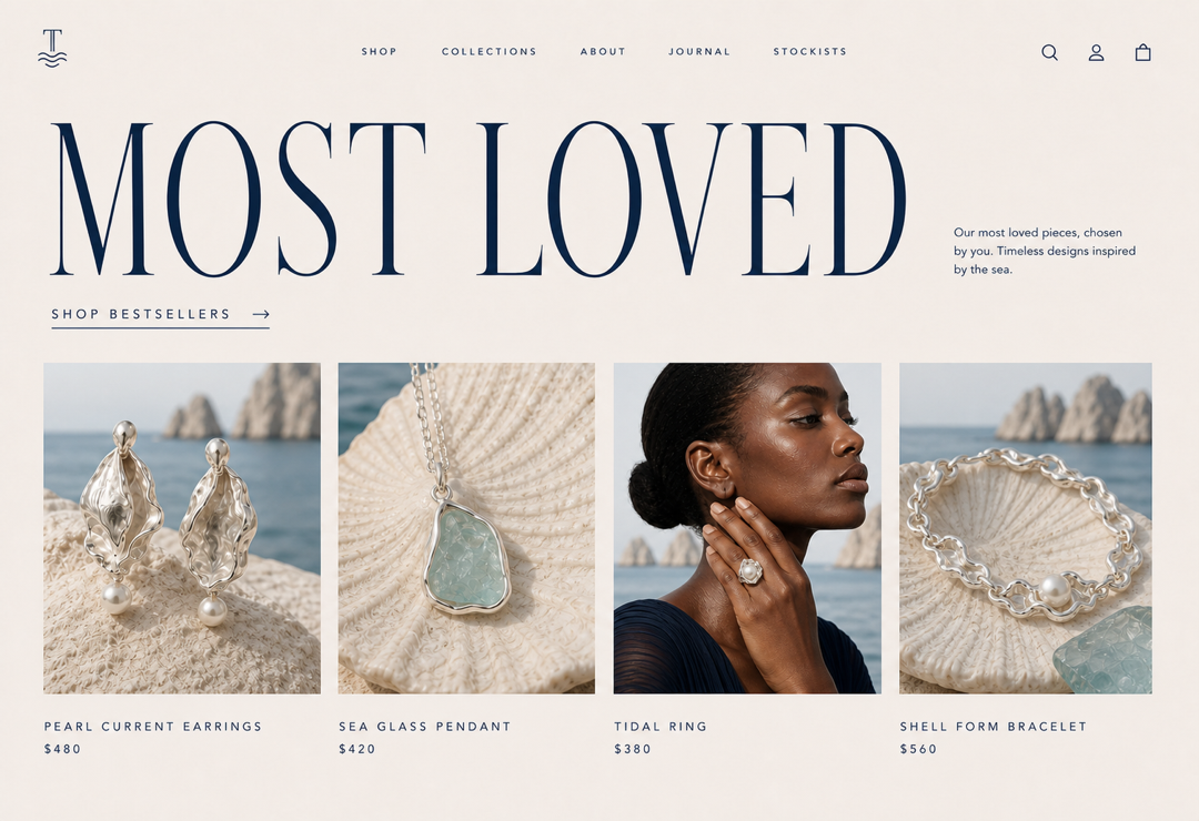 Bestseller page showcasing the brand's most popular earrings, pendants, rings, and bracelets.
