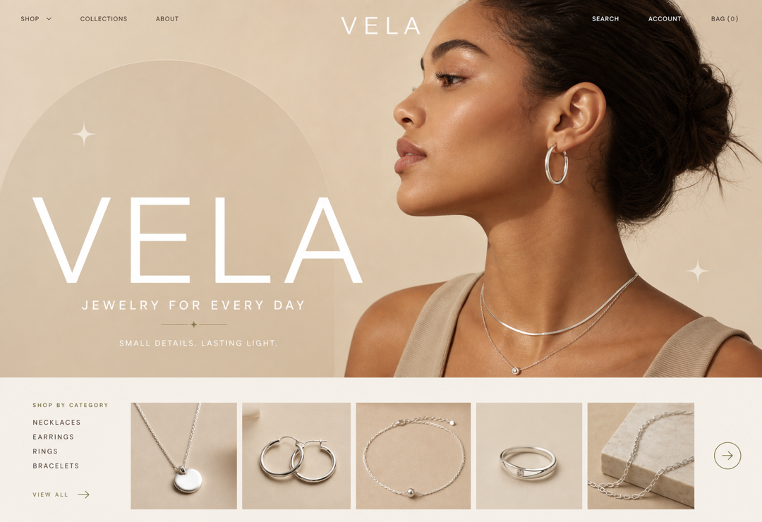 Warm minimalist homepage introducing Vela's everyday jewelry through soft photography and simple shopping paths.
