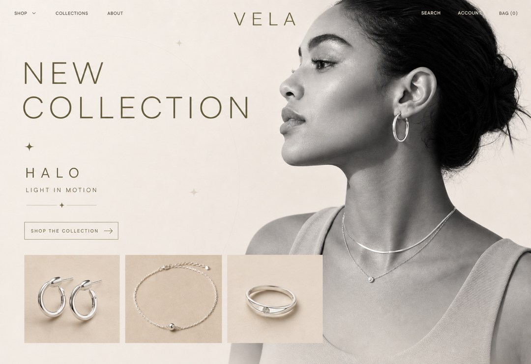 New collection page pairing black-and-white fashion photography with a focused selection of delicate pieces.