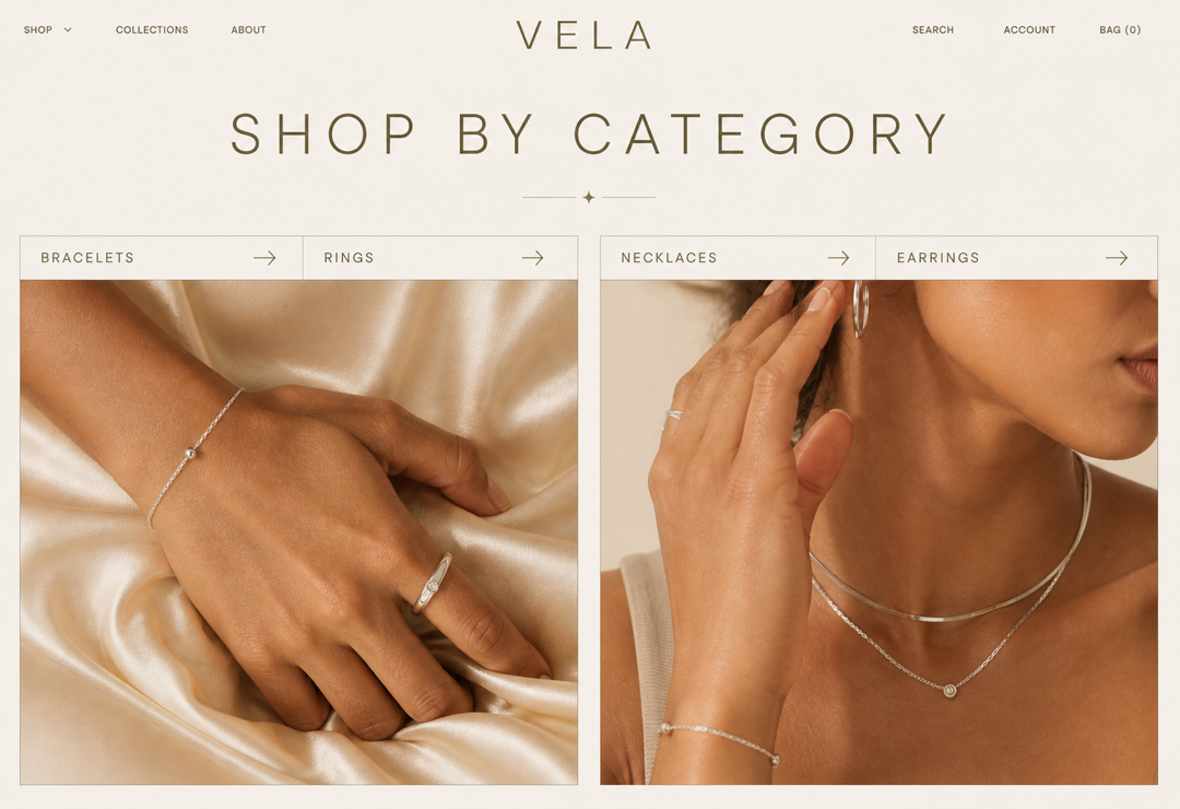 Category page using close-up lifestyle photography to guide shoppers toward bracelets, rings, necklaces, and earrings.