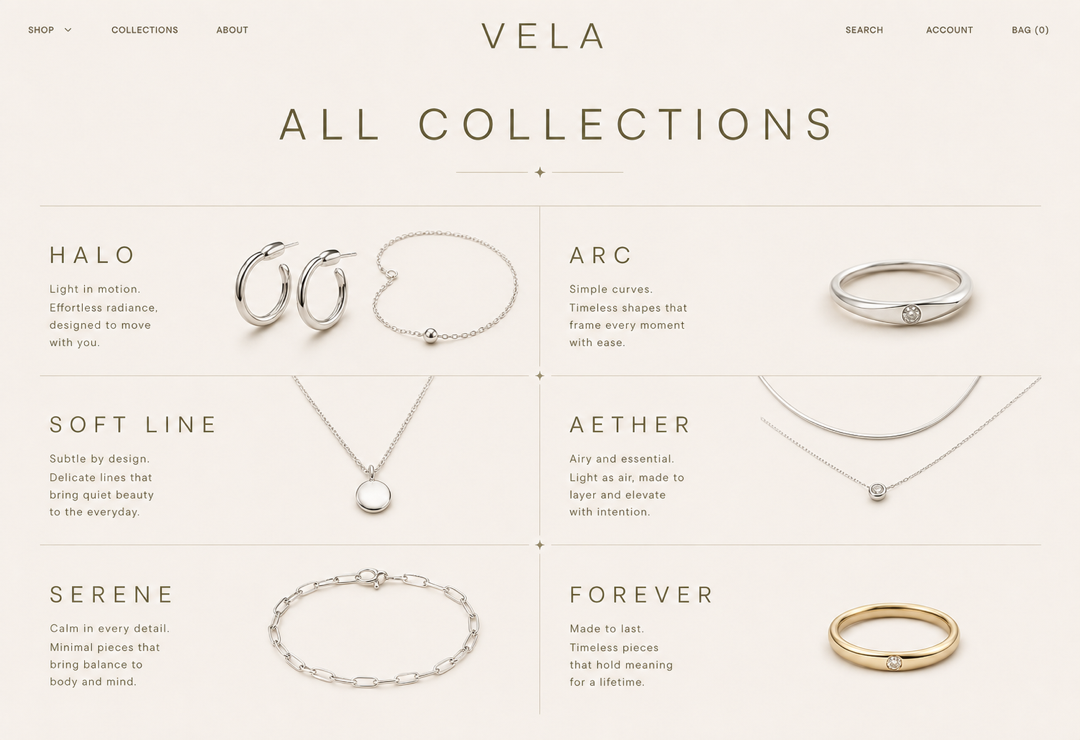 Organized collection index presenting six jewelry lines with short descriptions and refined product imagery.