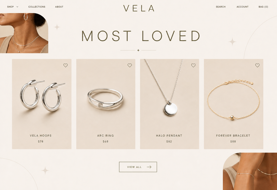 Bestseller page highlighting Vela's most popular hoops, rings, pendants, and bracelets.