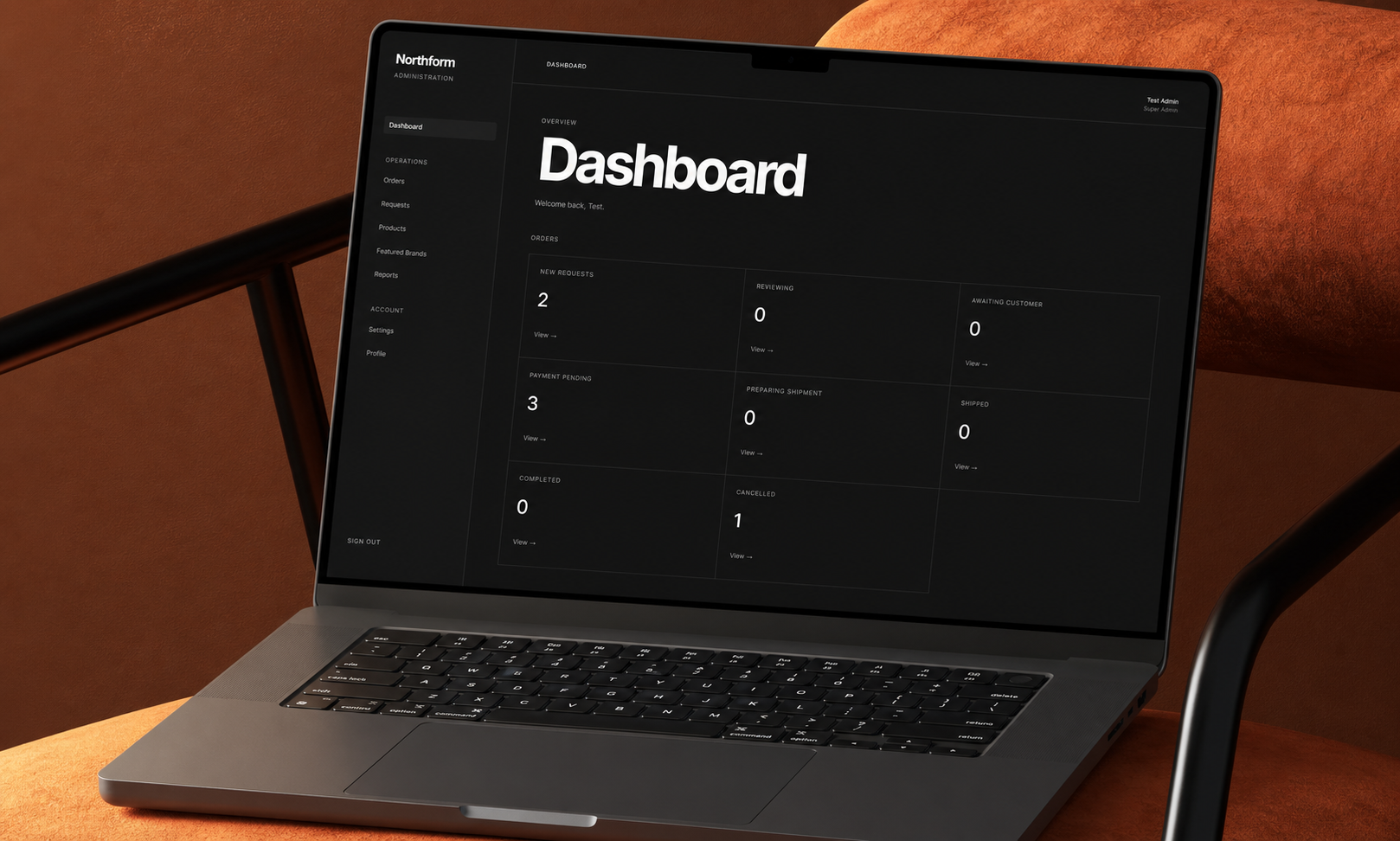 Northform administration dashboard showing a clear overview of order activity and current statuses.