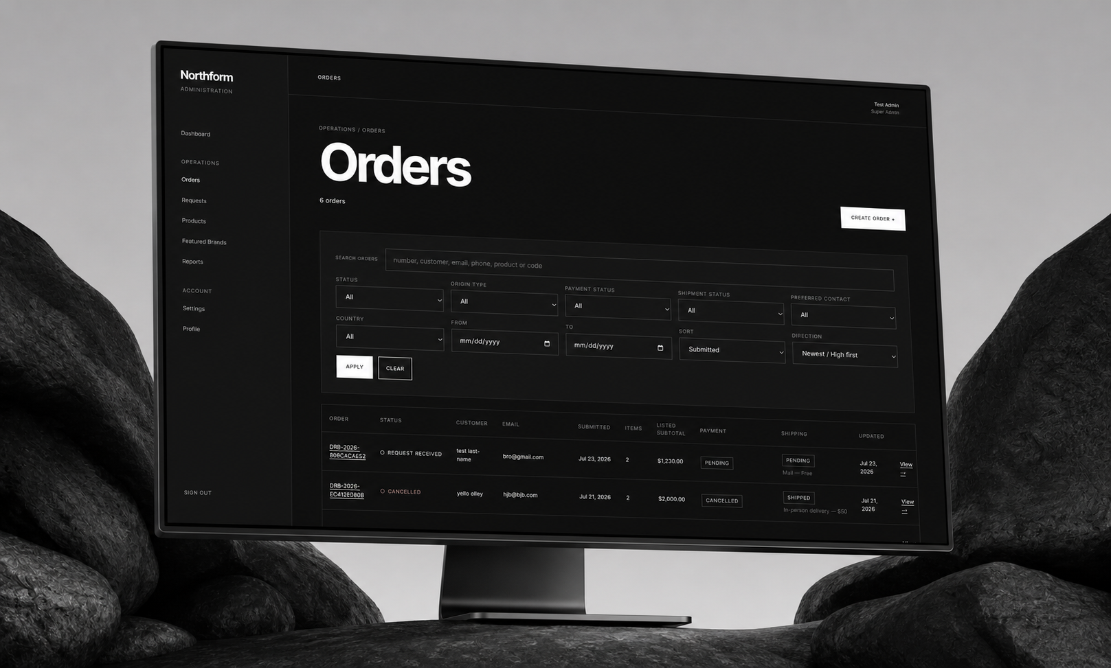 Order management view with search, filtering, payment status, shipping details, and customer records.