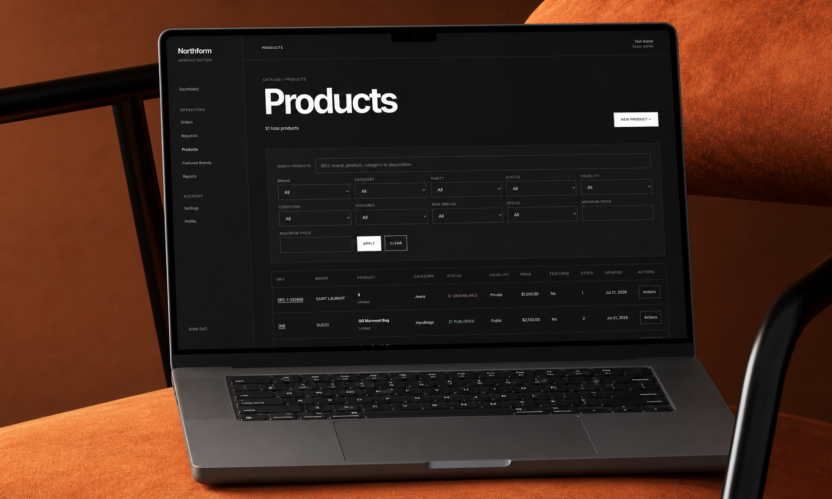 Product management view for searching inventory, filtering catalog records, and reviewing product status.